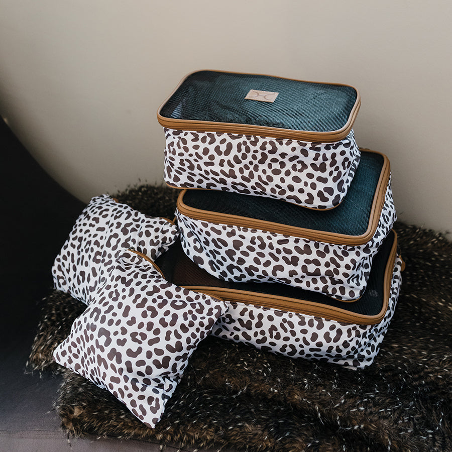 Travel Luggage Organizer Pods 6 piece set | Cheetah White