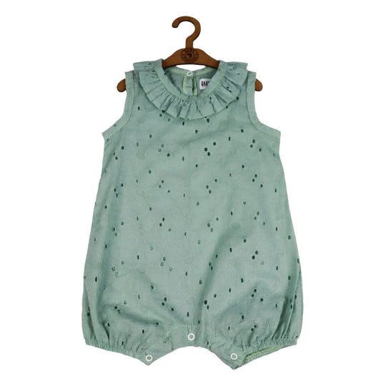 Frilly Neck Romper Anglaise - Sage / White