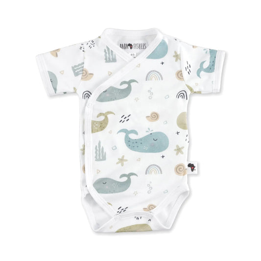 Wrap Onesie - Whales On White - Short Sleeve